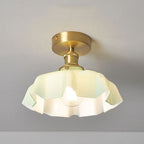 Japanese Vintage Cream Glass Floral Brass 1-Light Semi-Flush Mount Ceiling Light Lumendat
