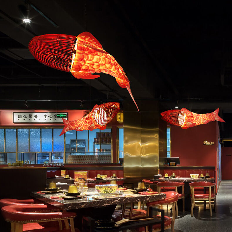Traditional Chinese Koi Fish Iron Pvc Fabric 2/4 Light Chandelier for Dining Room
