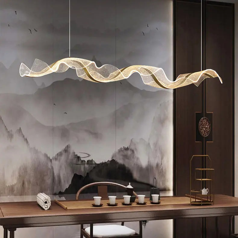 Contemporary Creative Rectangle Wave Ribbon Metal Acrylic LED Island Light Chandelier for Dining Room BulbSquare