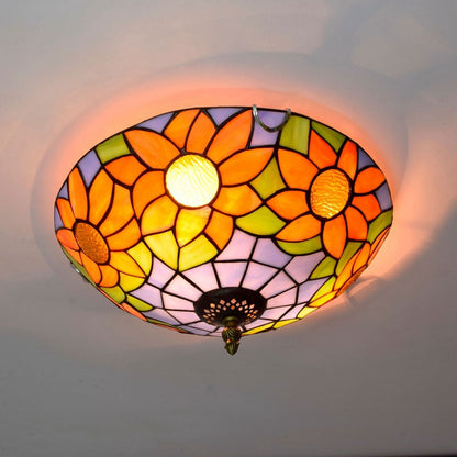 Traditional Tiffany Dome Sunflower Iron Glass 2-light Flush Mount Ceiling Light for Living Room