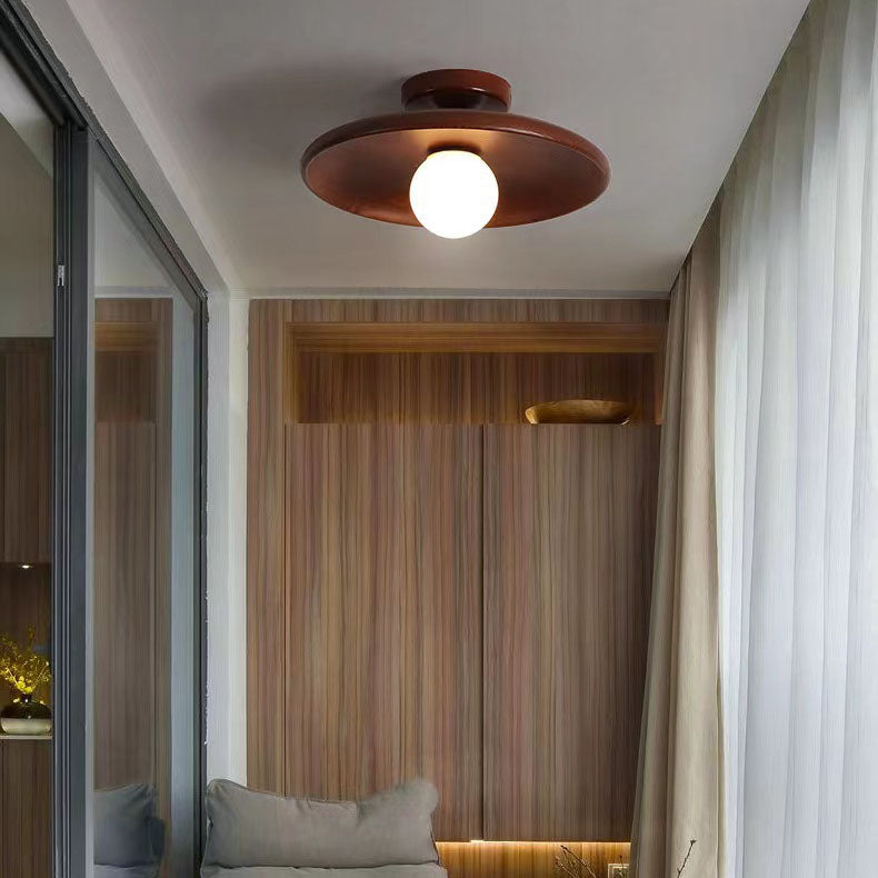 Modern Simplicity Rubberwood Glass Round 1-Light Semi-Flush Mount Ceiling Light For Hallway Lumendat