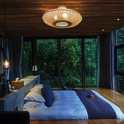 Japanese Bamboo Weaving Round Flying Saucer 3-light Semi-flush Mount Light