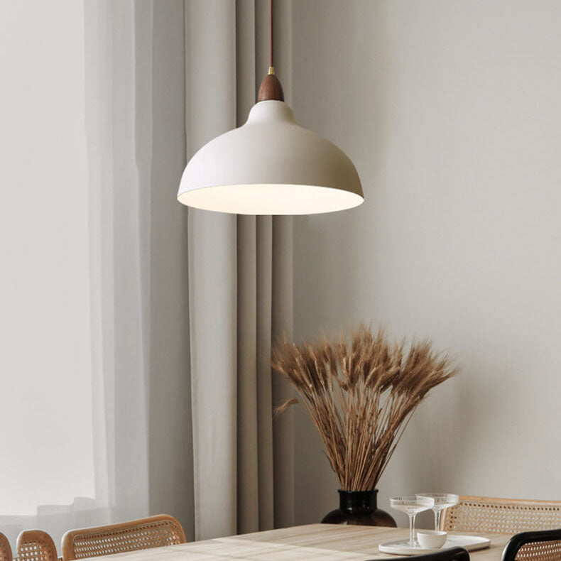 Japanese Simple Iron Dome Solid Wood Top 1-light Pendant Light BulbSquare