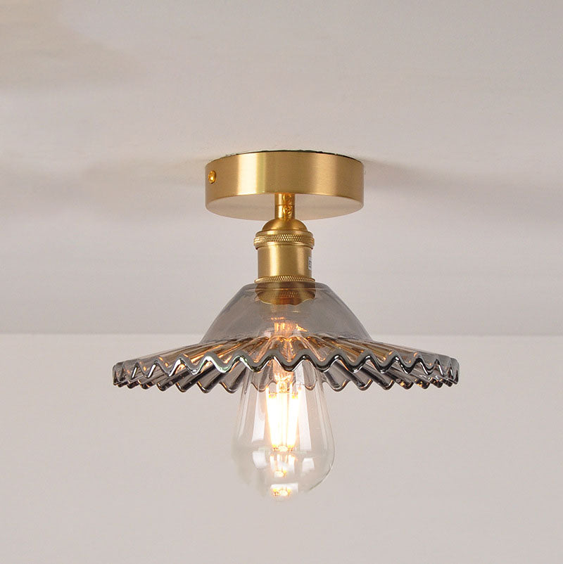 Japanese Vintage Glass Brass Lotus 1-Light Semi-Flush Mount Ceiling Light Lumendat