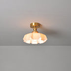 Japanese Vintage Cream Glass Floral Brass 1-Light Semi-Flush Mount Ceiling Light Lumendat