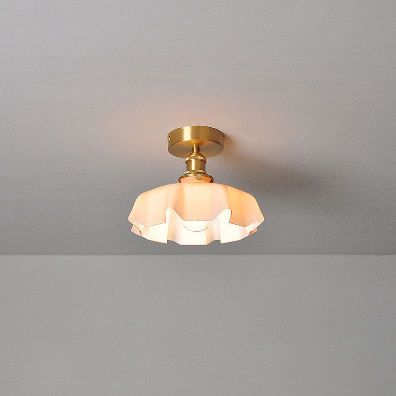 Japanese Vintage Cream Glass Floral Brass 1-Light Semi-Flush Mount Ceiling Light Lumendat