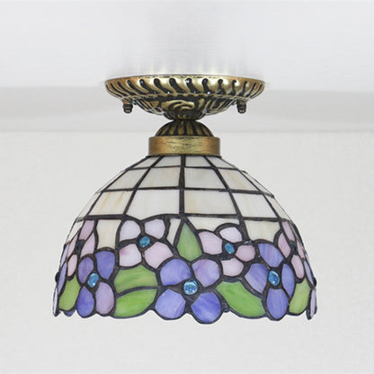 Traditional Tiffany Pastoral Purple Flower Stained Glass Bowl-shaped 1-light Semi-flush Mount Ceiling Light for Living Room