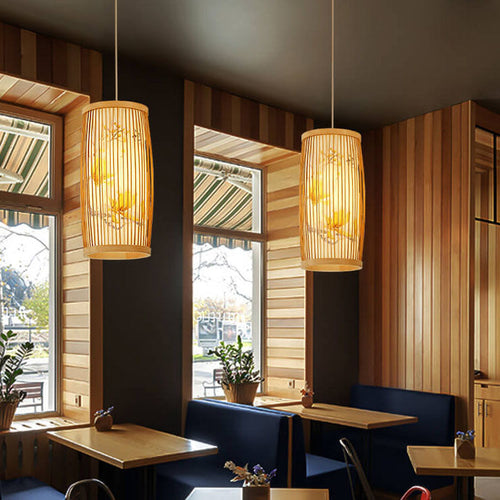 Modern Chinese Cylinder Waist Drum Bamboo Weaving 1-light Pendant Light