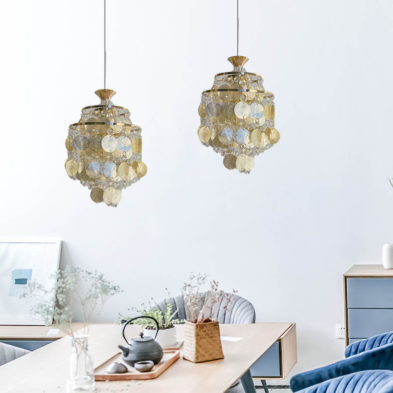 Traditional French Provincial Golden Shell Crystal Beads Round 1-light Pendant Light for Living Room