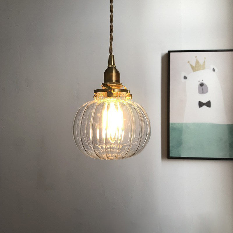 Traditional Japanese Brass Glass Pumpkin Shade 1-light Pendant Light for Living Room