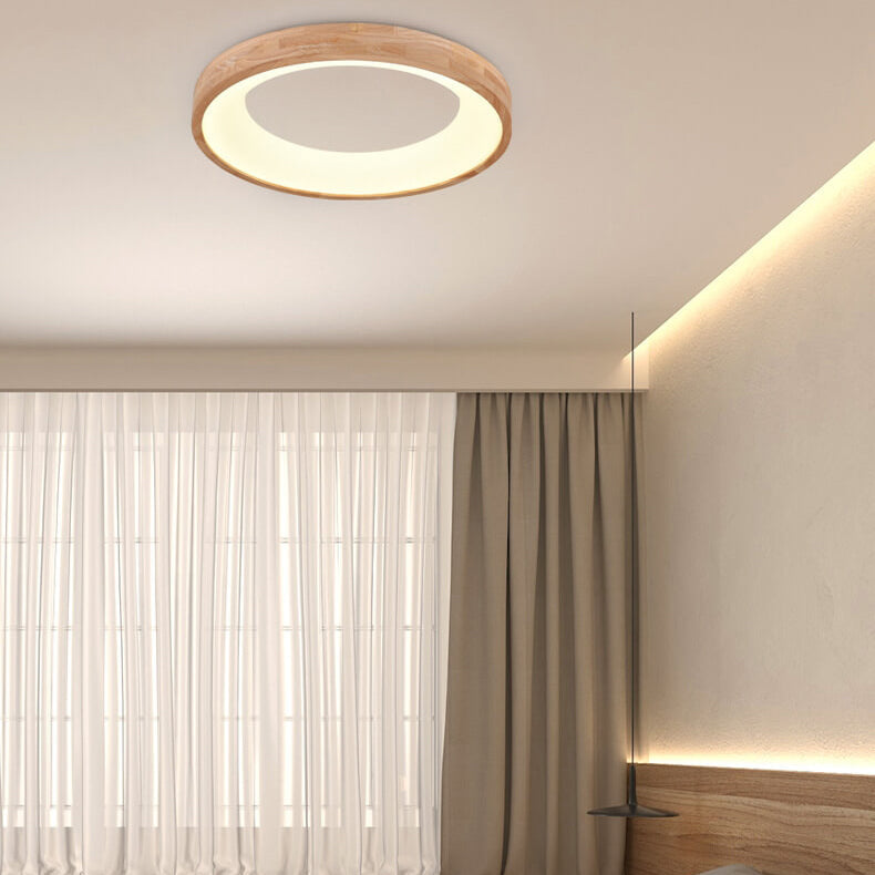 Nordic Minimalist Log Wood Round LED Flush Mount Ceiling Light Lumendat