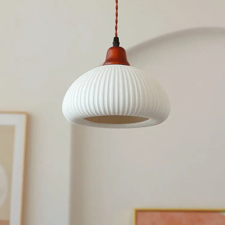 Japanese Vintage Pleated Ceramic Round Dome Wood 1-light Pendant Light Lumendat