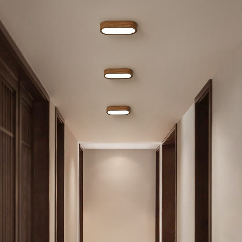 Modern Minimalist Oval Strip Wood Grain Metal LED Flush Mount Ceiling Light for Hallway