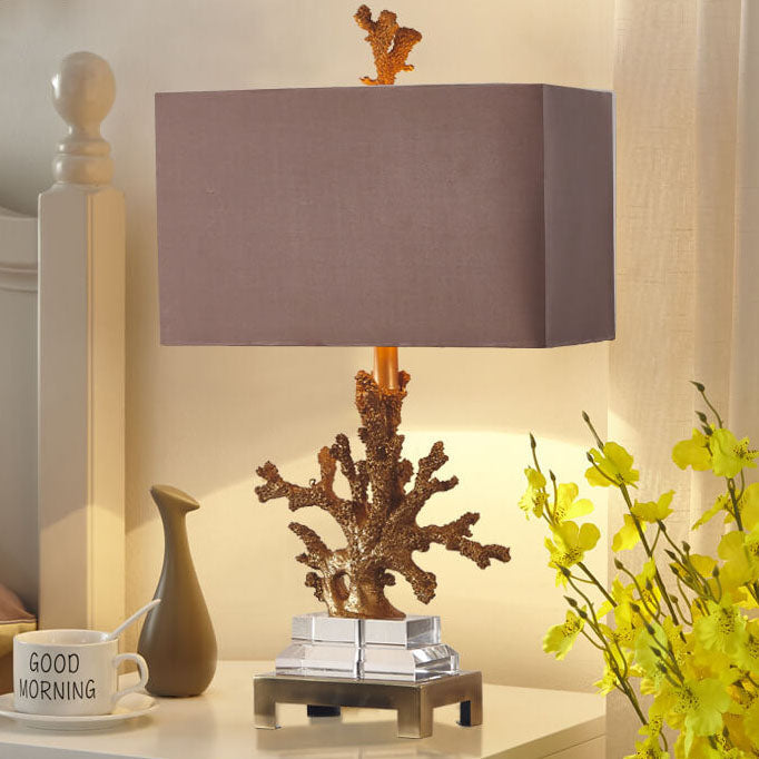 Modern Art Deco Linen Resin Crystal Coral Base 1-Light Table Lamp For Bedroom Lumendat