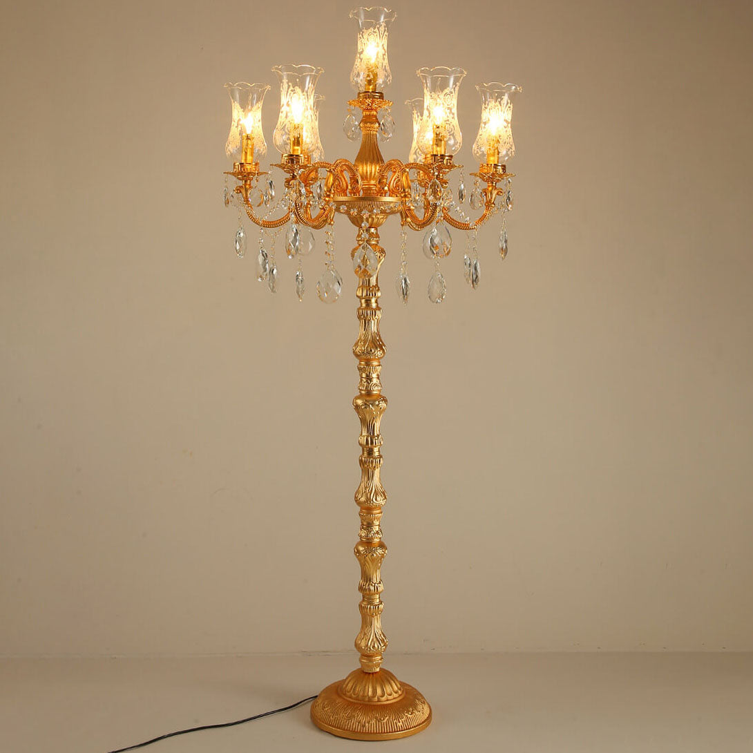 Traditional Luxury Golden Crystal Zinc Alloy Candle Holder 7-Light Standing Floor Lamp For Bedroom Lumendat