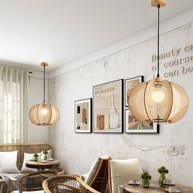Traditional Japanese Pumpkin Round Twine Rope Wooden 1-light Pendant Light for Bedroom