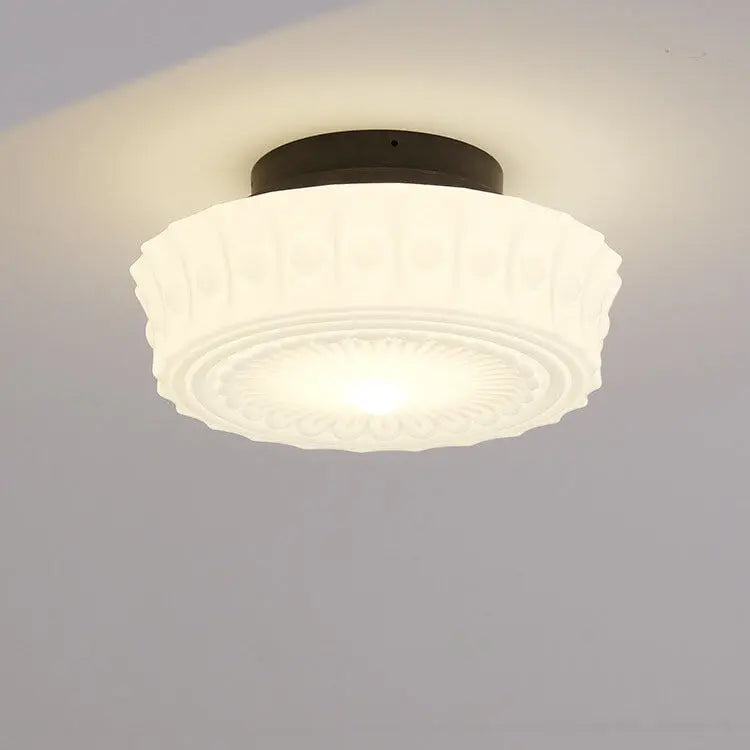 Traditional French Iron Glass Stripes Round Drum LED Semi-flush Mount Ceiling Light for Living Room & Bedroom Lumendat