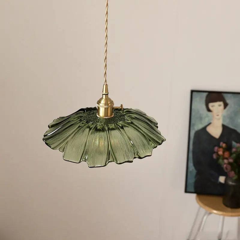 Traditional Vintage Lotus Leaf Glass Brass 1-light Pendant Light for Living Room BulbSquare