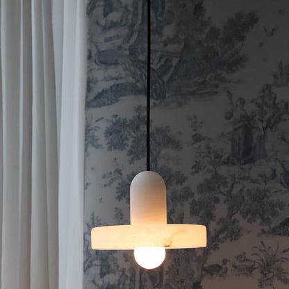 Traditional Chinese Marble Round Shade Brass 1-light Pendant Light for Living Room
