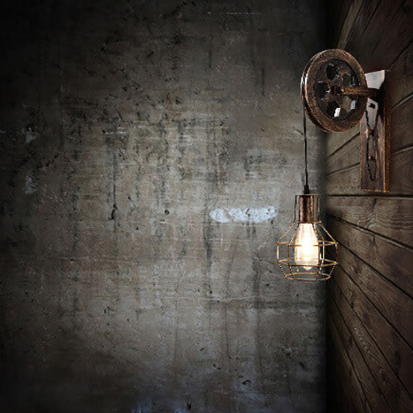 Vintage Industrial Iron Pulley Cage 1-Light Wall Sconce Lamp Lumendat