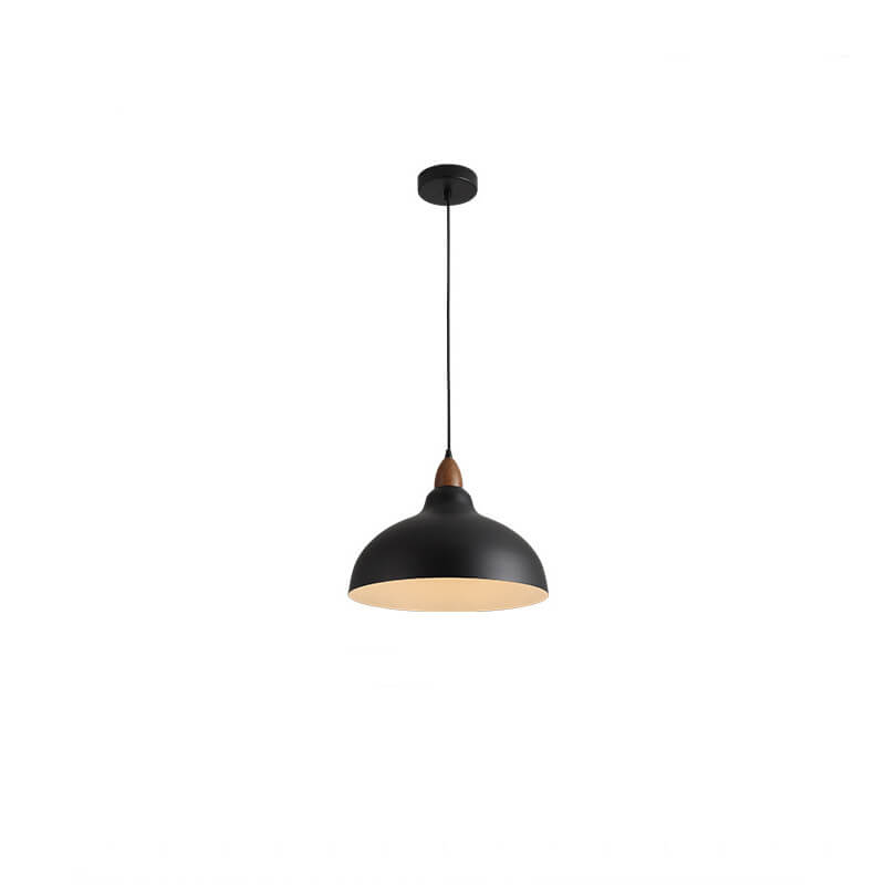 Japanese Simple Iron Dome Solid Wood Top 1-light Pendant Light BulbSquare
