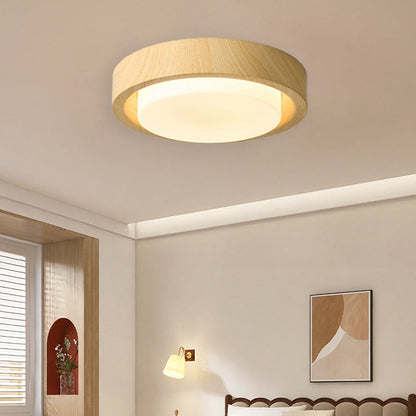 Traditional Japanese Round Glass Wood Grain LED Flush Mount Ceiling Light for Bedroom