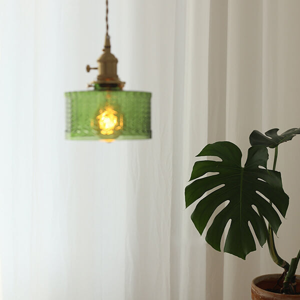 Contemporary Nordic Brass Iron Glass Clear Round Drum Copper 1-Light Pendant Light For Living Room & Bedroom Lumendat