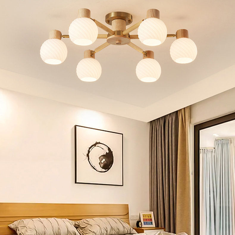 Traditional Japanese Wabi-sabi Rubberwood Hardware Glass 3/6/8-Light Flush Mount Lighting For Living Room Lumendat