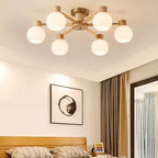 Traditional Japanese Wabi-sabi Rubberwood Hardware Glass 3/6/8-Light Flush Mount Lighting For Living Room Lumendat