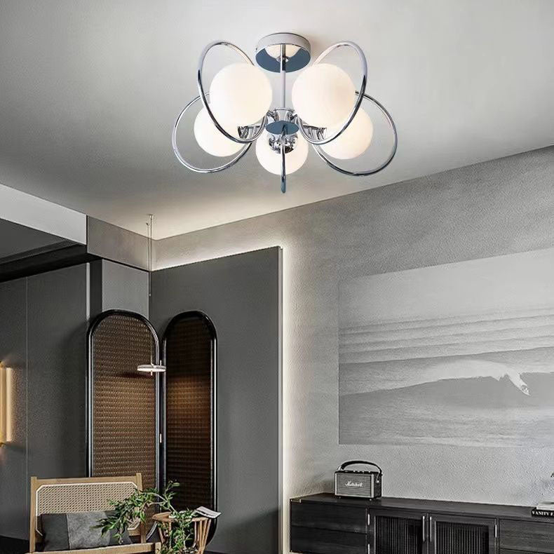 Traditional Vintage Iron Glass Ball Circle 3/5 Light Semi-Flush Mount Ceiling Light For Living Room