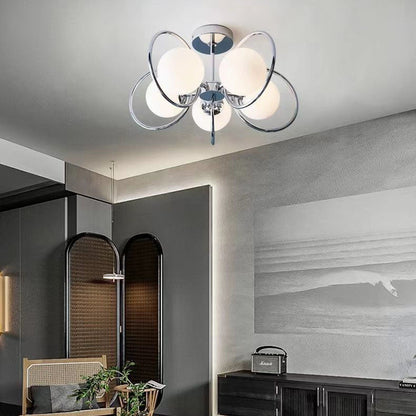 Traditional Vintage Iron Glass Ball Circle 3/5 Light Semi-Flush Mount Ceiling Light For Living Room