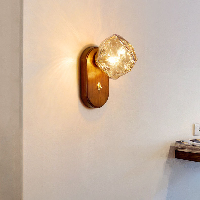 Traditional Japanese Oval Ice Cube Shape Solid Wood Glass 1-Light Wall Sconce Lamp For Bedroom Lumendat