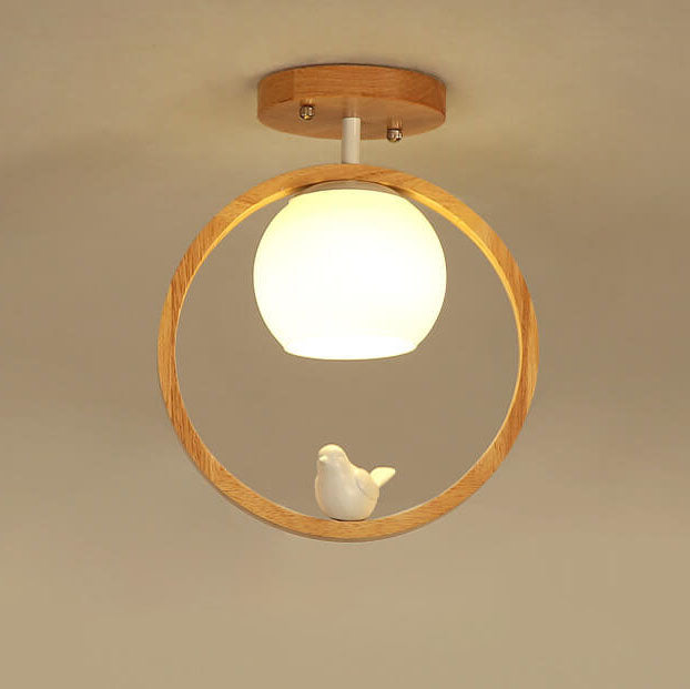 Modern Japanese Minimalist Log Bird Round 1-Light Semi-Flush Mount Ceiling Light Lumendat