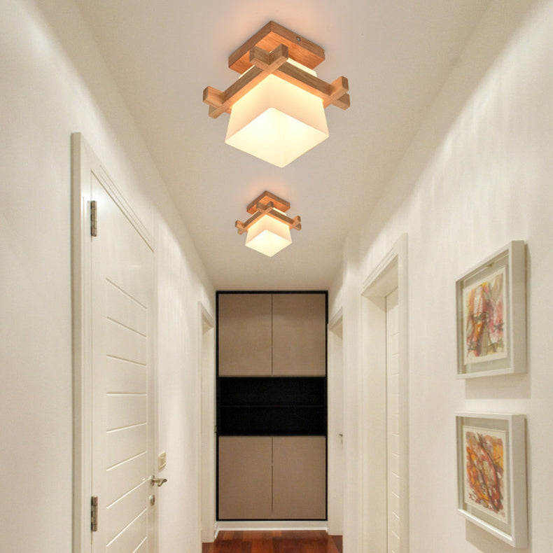 Traditional Japanese Wood Frame Glass Column 1-light Semi-flush Mount Ceiling Light for Living Room