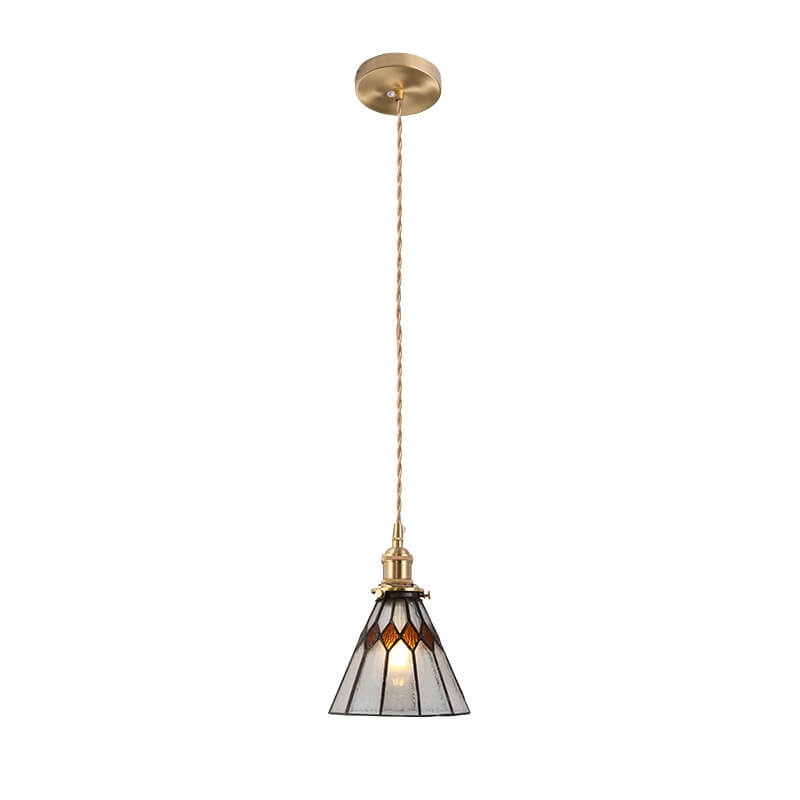 Japanese Vintage Brass Stained Glass Cone 1-light Pendant Light BulbSquare