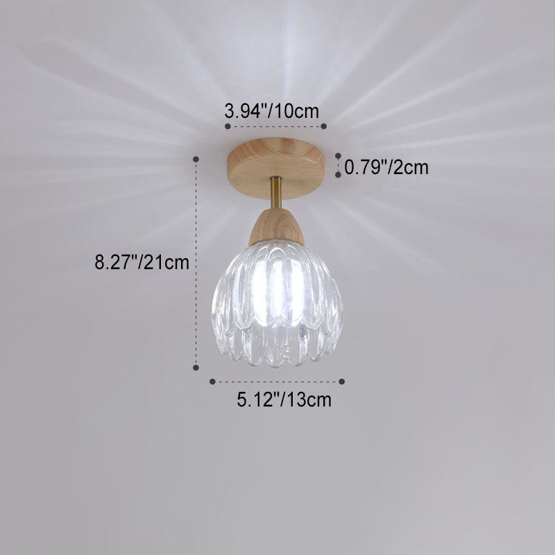 Japanese Vintage Wood Glass Cone Flower 1-light Semi-flush Mount Ceiling Light