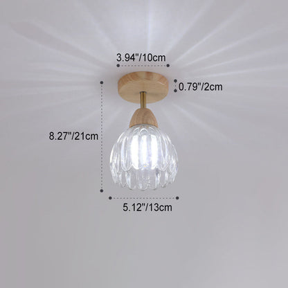 Japanese Vintage Wood Glass Cone Flower 1-light Semi-flush Mount Ceiling Light