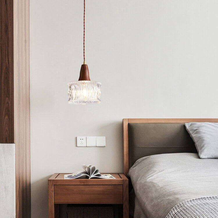 Nordic Vintage Glass Drum Jar Walnut Brass 1-Light Pendant Light