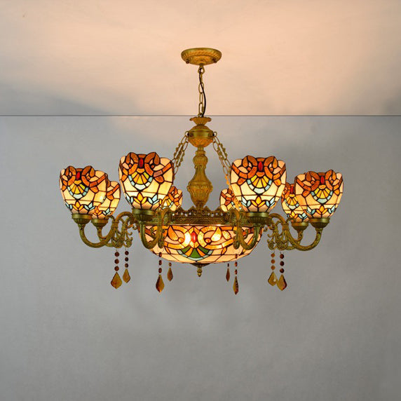Traditional Tiffany Bead Dome Baroque Iron Glass Alloy 8/11 Light Chandeliers for Living Room