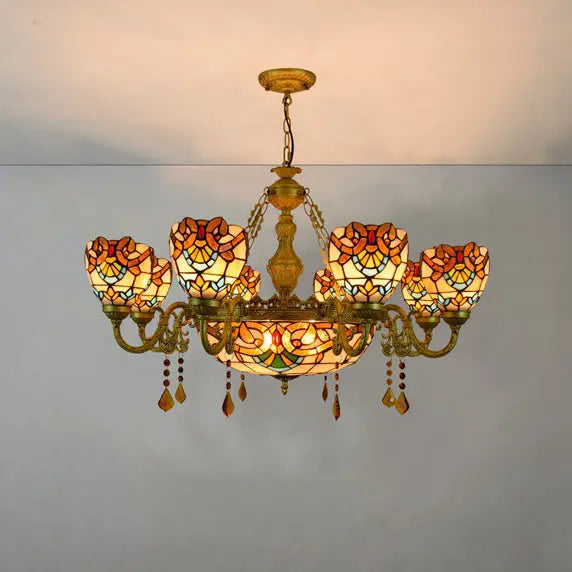 Traditional Tiffany Bead Dome Baroque Iron Glass Alloy 8/11 Light Chandeliers for Living Room BulbSquare