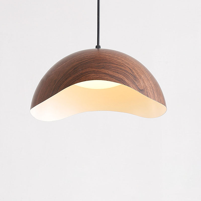 Contemporary Scandinavian Wood Grain Iron Dome Wave LED Pendant Light for Dining Room