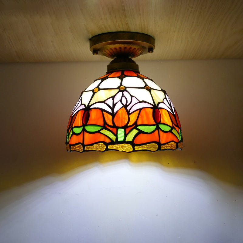 Traditional Tiffany Tulip Stained Glass Iron Dome 1-light Semi-flush Mount Ceiling Light for Living Room
