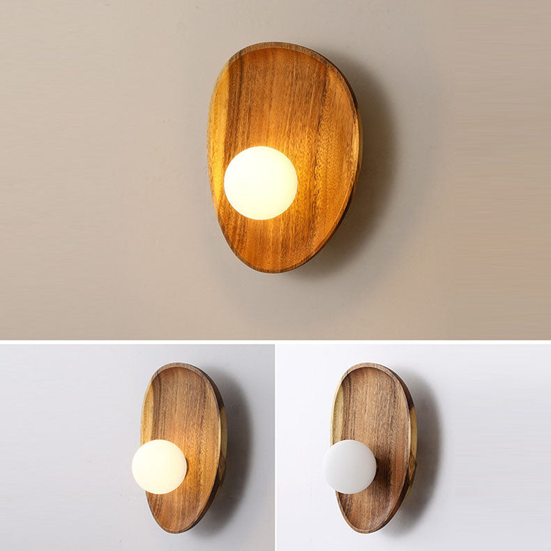 Traditional Japanese Irregular Oval Plate Wood Glass LED Wall Sconce Lamp For Bedroom Lumendat