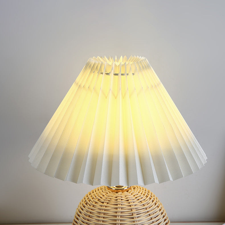 Contemporary Nordic Rattan Fabric Pleated Conic Ball LED Table Lamp For Bedroom Lumendat