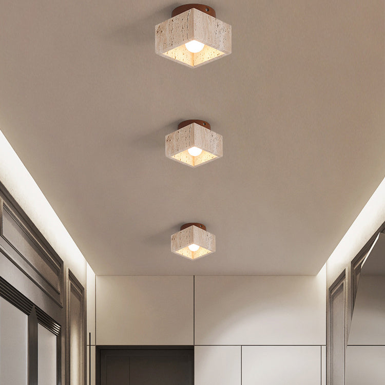 Japanese Wabi-Sabi Yellow Travertine Column Wood 1-Light Semi-Flush Mount Ceiling Light Lumendat