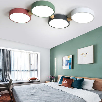 Contemporary Scandinavian Macaron Iron Geometric Round Shade Wood Splicing LED Flush Mount Ceiling Light for Bedroom