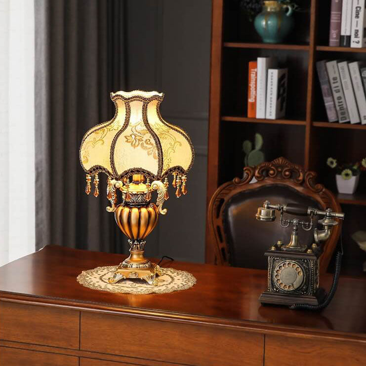 Traditional European Vintage Fabric Beaded Curtain Resin Base Palace 1-Light Table Lamp For Study Lumendat