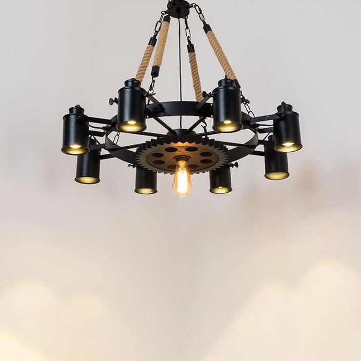 Contemporary Industrial Retro Gear Wrought Ion Hemp Rope 7/9/11-Light Chandelier For Living Room Lumendat