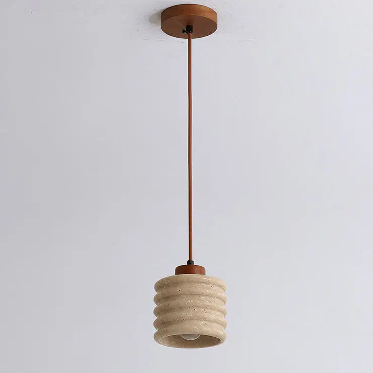 Japanese Wabi-sabi Yellow Travertine Cylinder Lampshade Wood 1-light Pendant Light Lumendat