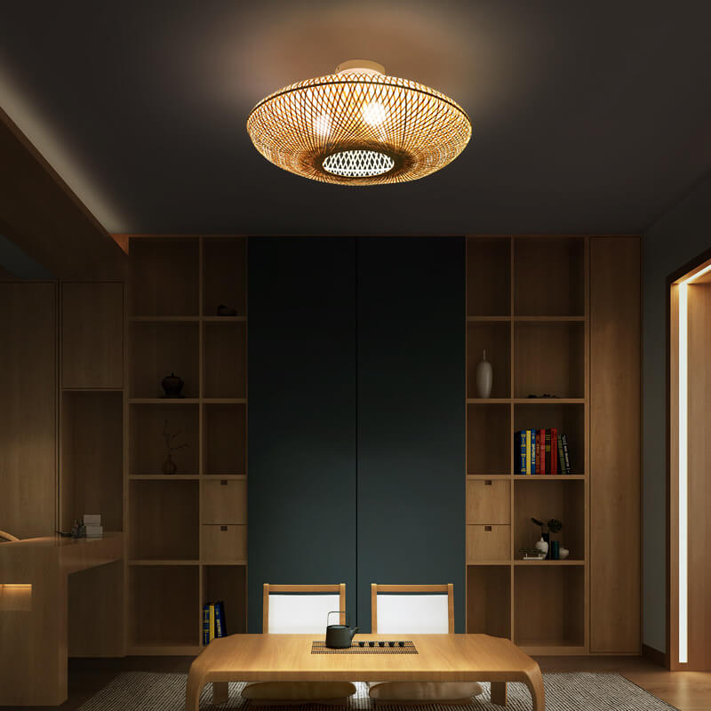 Japanese Bamboo Weaving Round Flying Saucer 3-light Semi-flush Mount Light